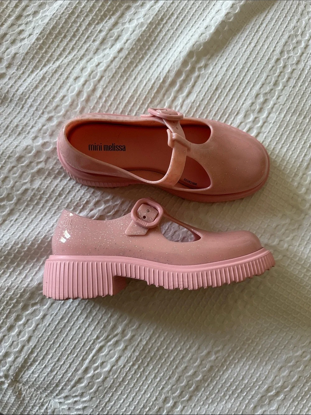 Mini Melissa Jackie T Strap Pink Glitter Mary Jane Shoes